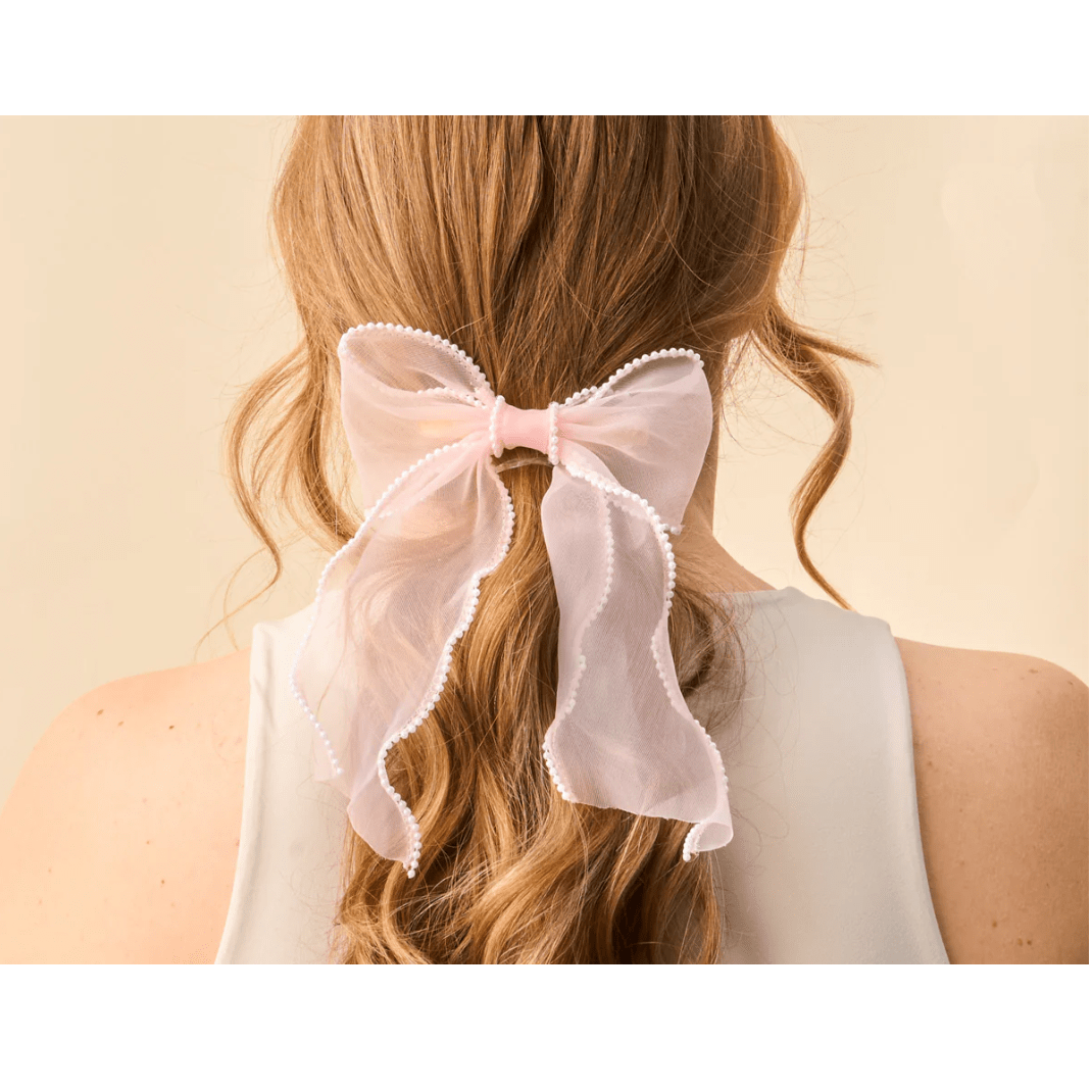 Blush Sheer Pearl Hair Bow - White Farmhouse Flowers