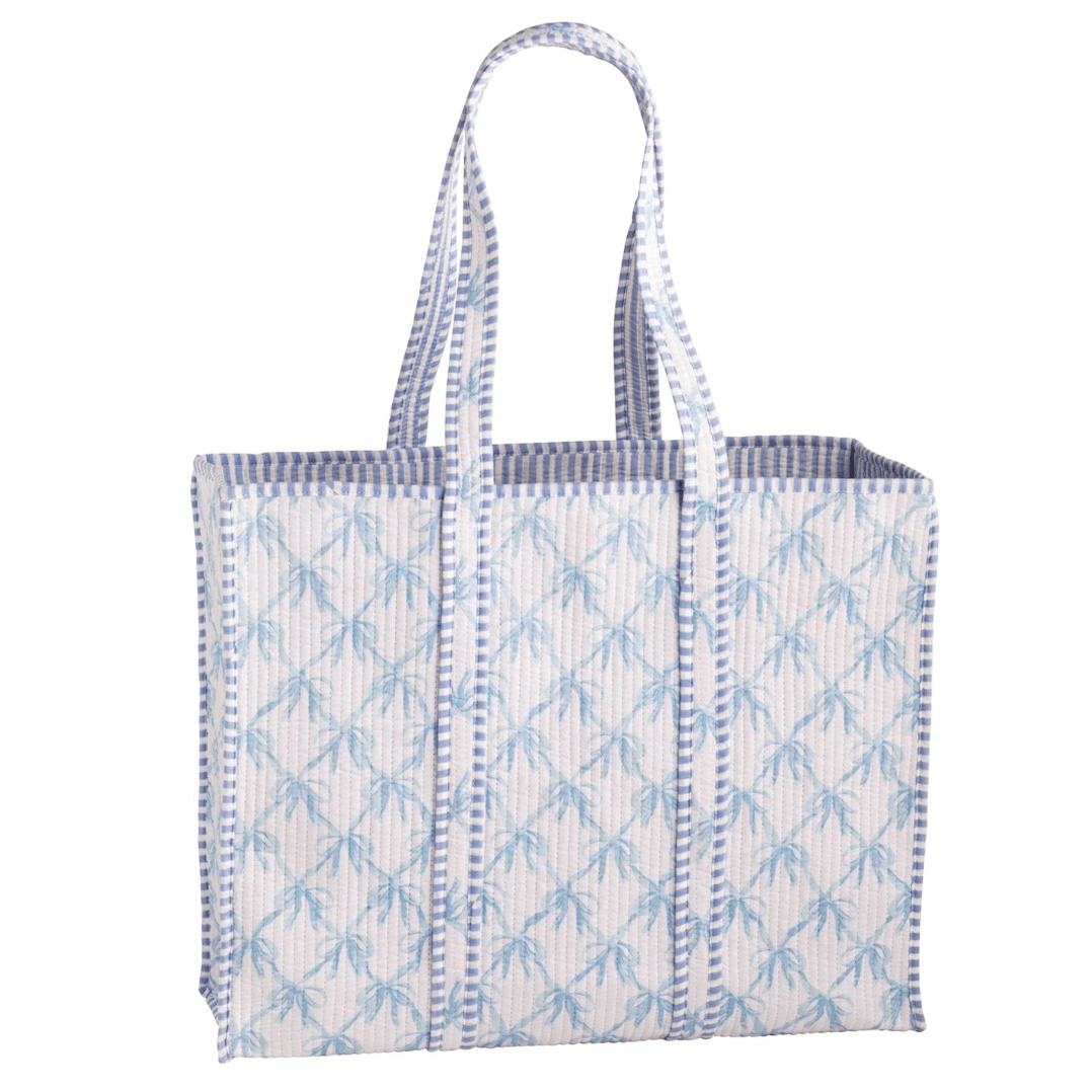 Bow Block Print Tote - White Farmhouse Flowers