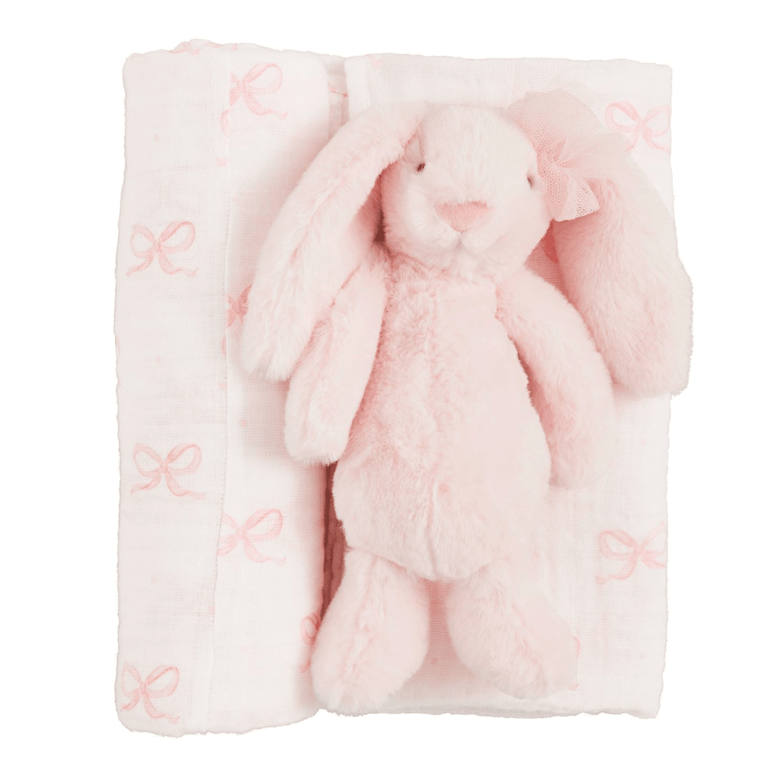 Bow Bunny Swaddle and Rattle - White Farmhouse Flowers