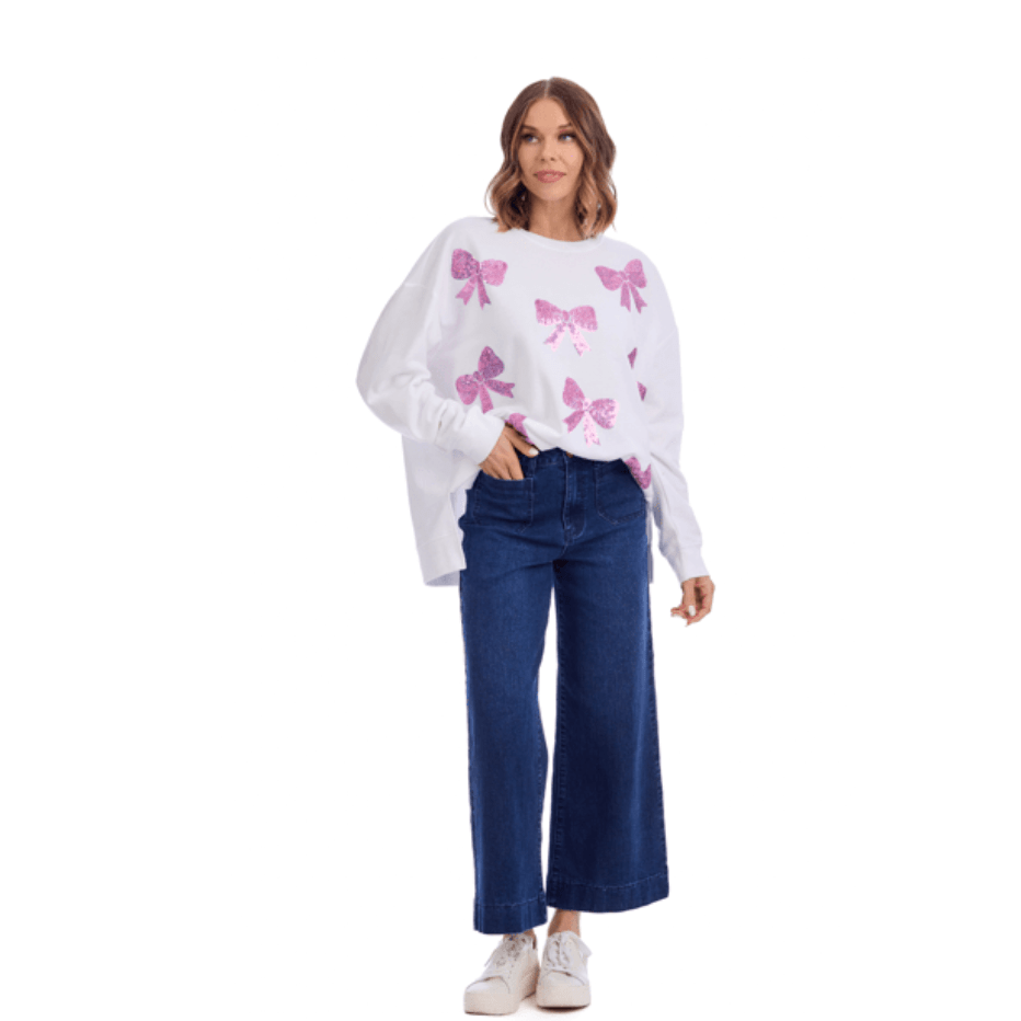 Bow Sparkle Sweatshirt - White Farmhouse Flowers