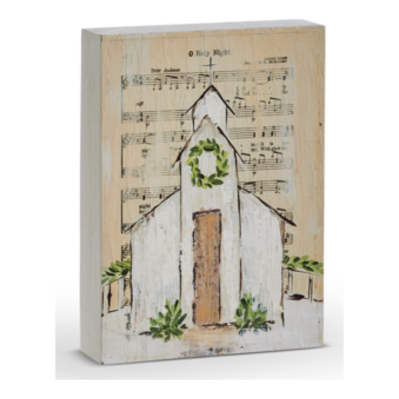 Decorative box with a white church design and sheet music background