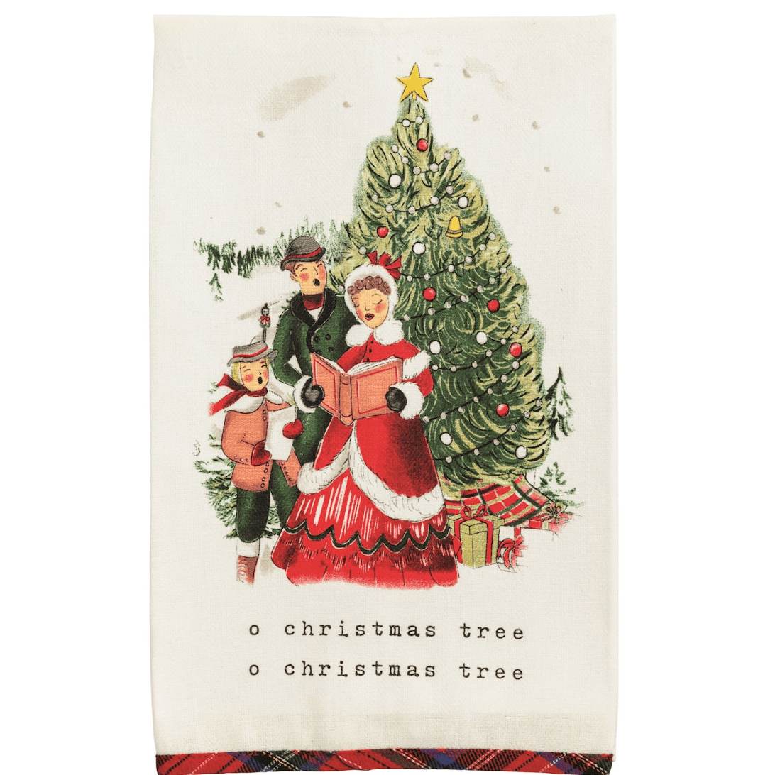 Carolers Christmas Tartan Hem Towel - White Farmhouse Flowers