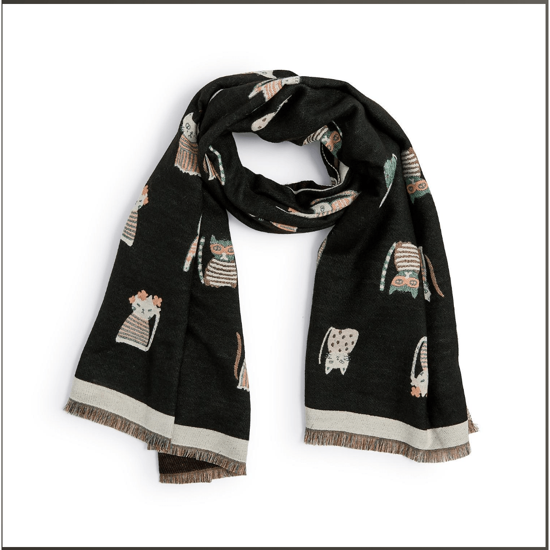 Cat's Meow Reversible Scarf with Cat Print - White Farmhouse Flowers