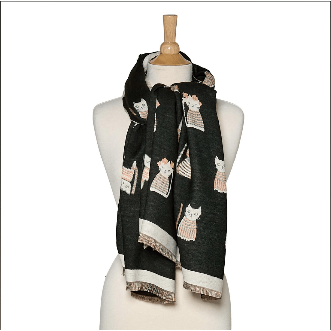 Cat's Meow Reversible Scarf with Cat Print - White Farmhouse Flowers