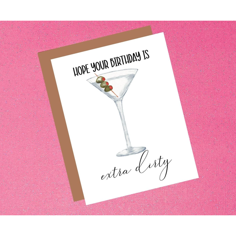 Greeting card with a martini glass illustration and humorous birthday message on a pink background
