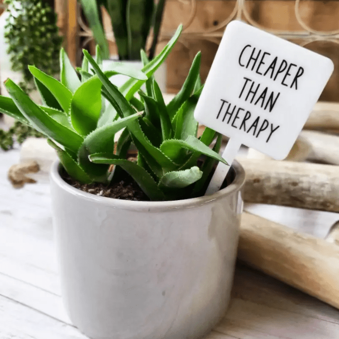Cheaper Than Therapy Plant Marker Stake - White Farmhouse Flowers