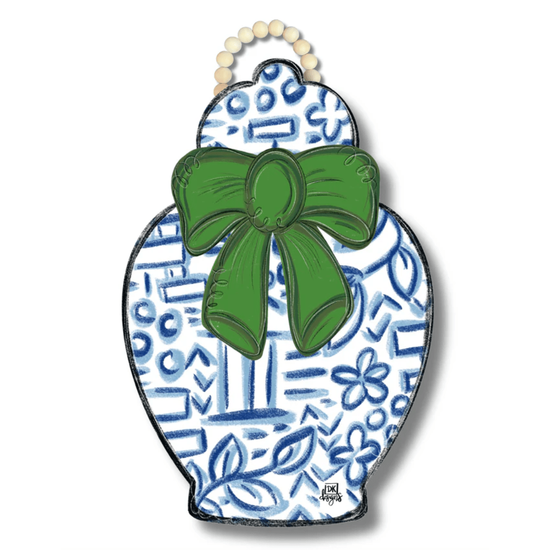 Chinoiserie Jar Green Bow Door Hanger - White Farmhouse Flowers