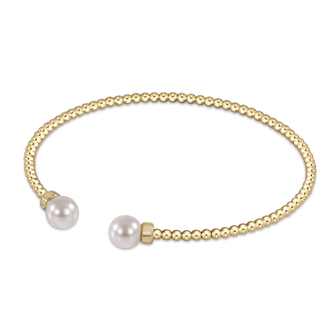 Classic Gold 2mm Bead Cuff - Pearl - White Farmhouse Flowers