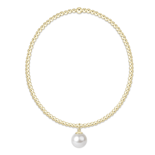 Classic Gold 2mm Bracelet - Classic Pearl 8mm Charm - White Farmhouse Flowers