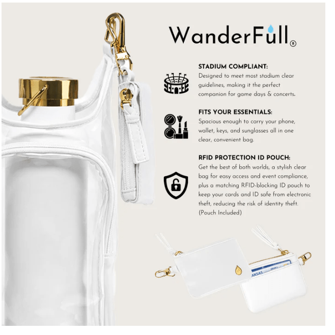 Clear HydroBag® Stadium with White Vegan Leather Trim and Matching RFID Pouch - White Farmhouse Flowers