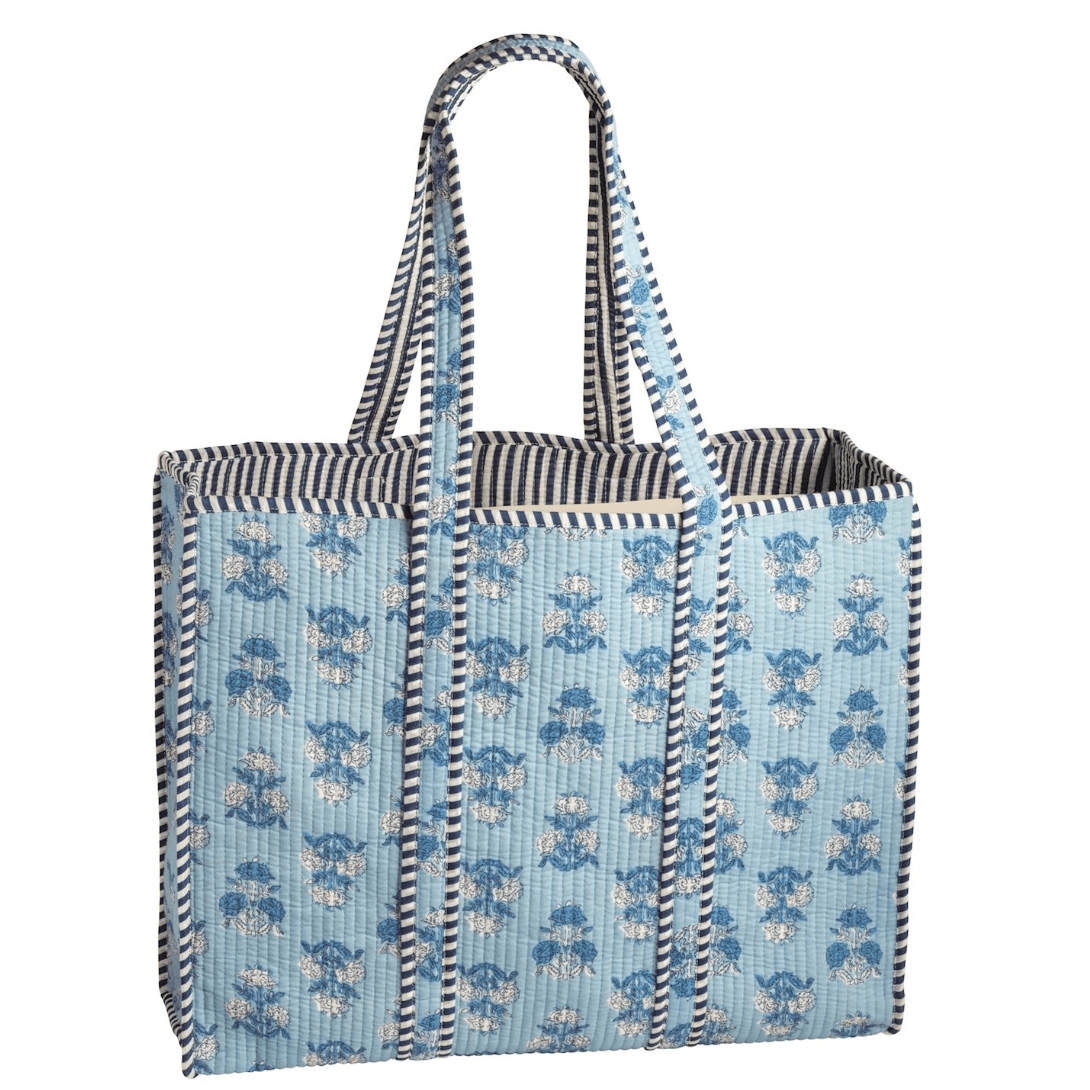 Cornflower Block Print Tote - White Farmhouse Flowers