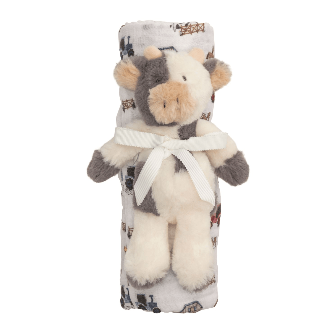 Cow Swaddle & Rattle Set - White Farmhouse Flowers