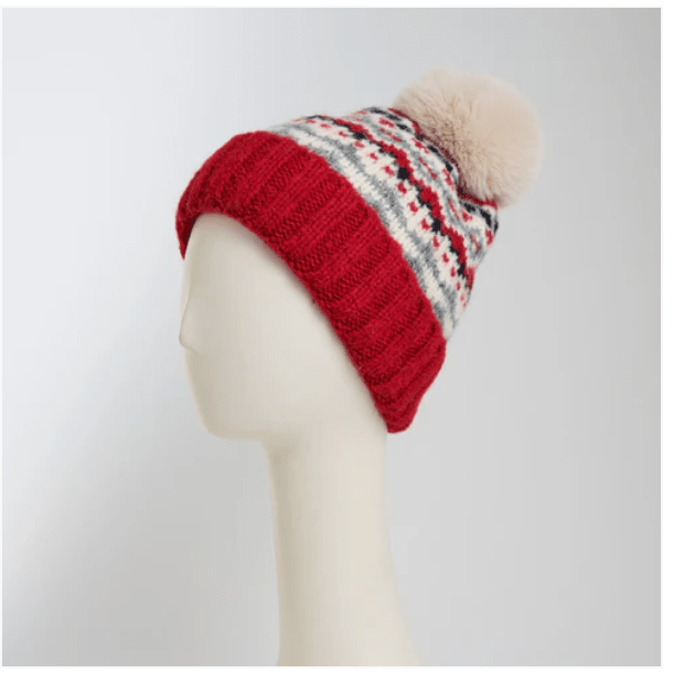 Cranberry Aspen Fair Isle Pom Beanie - White Farmhouse Flowers