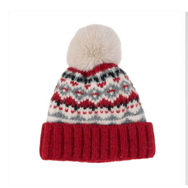 Cranberry Aspen Fair Isle Pom Beanie - White Farmhouse Flowers