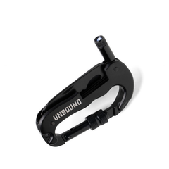 Black carabiner with 'UNBOUND' branding on a white background