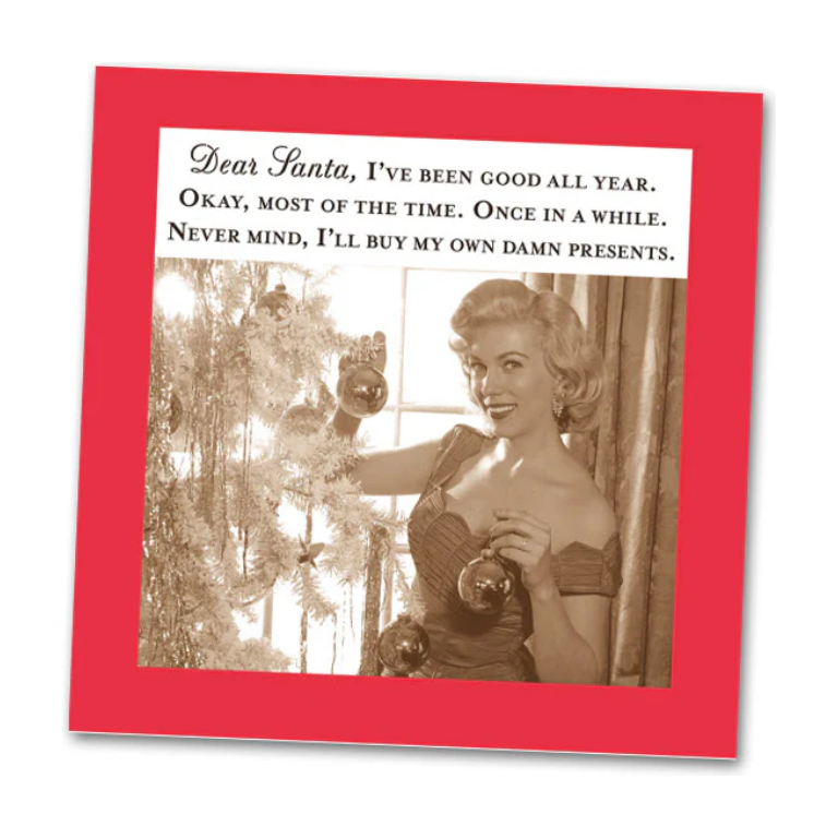 Vintage-style card with a woman decorating a Christmas tree and humorous text.
