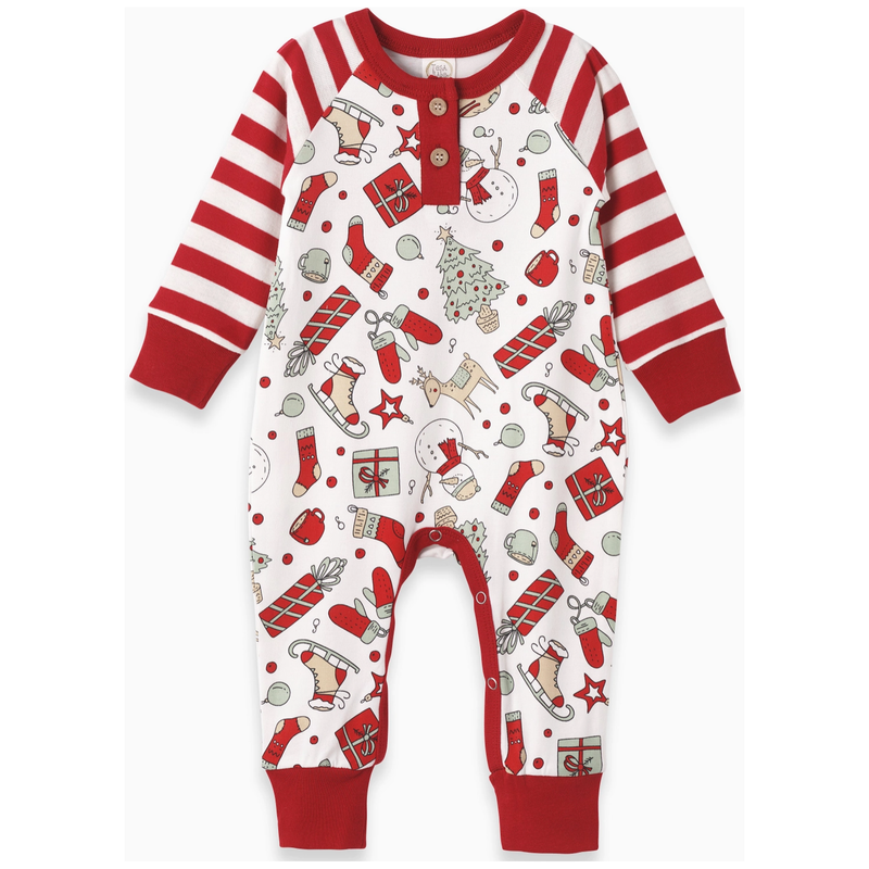 Children's pajama onesie with Christmas-themed pattern on a white background