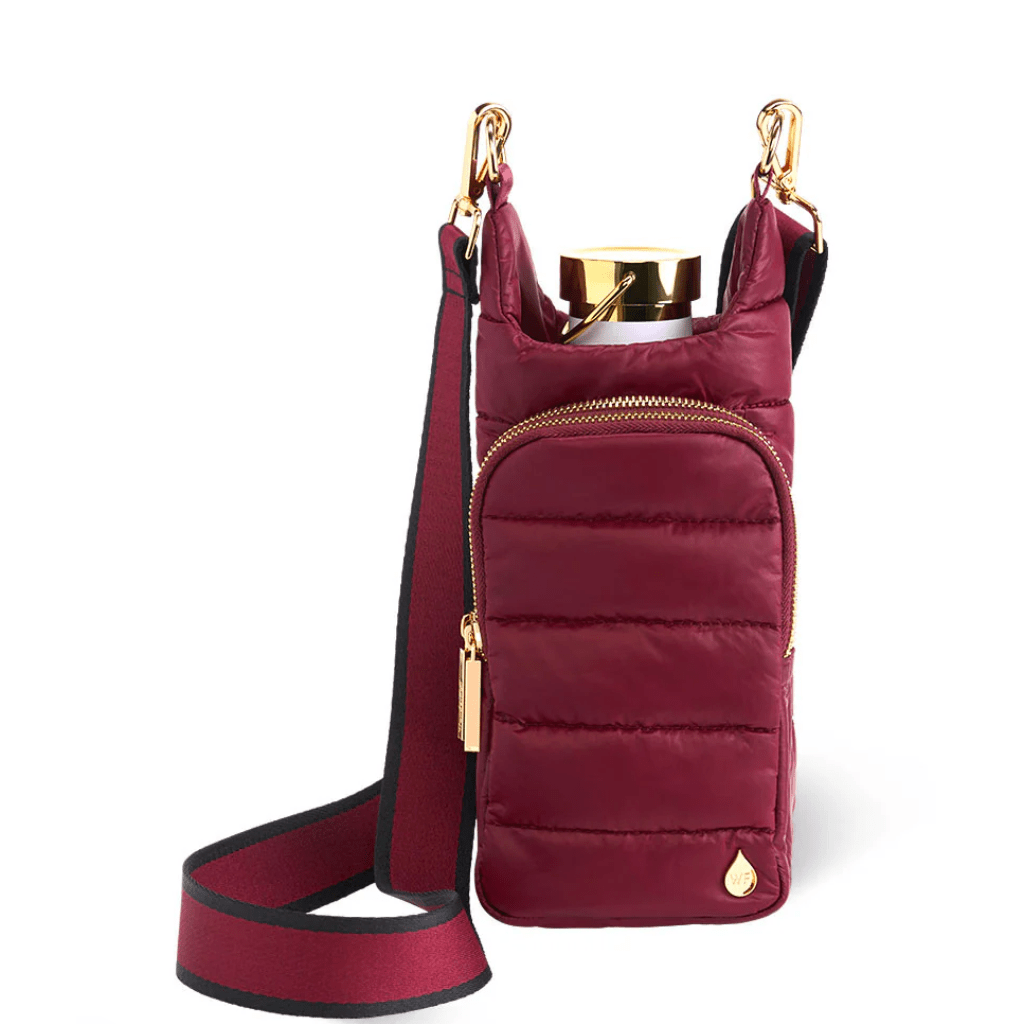 Dark Cherry HydroBag with with Cherry and Black Striped Strap - White Farmhouse Flowers