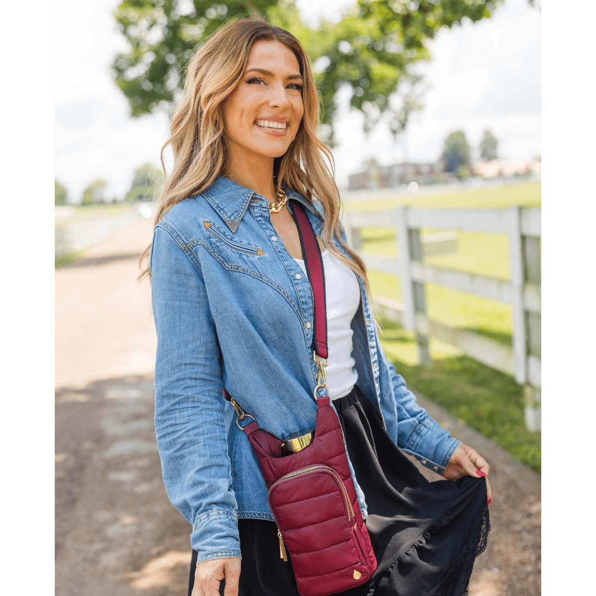 Dark Cherry HydroBag with with Cherry and Black Striped Strap - White Farmhouse Flowers