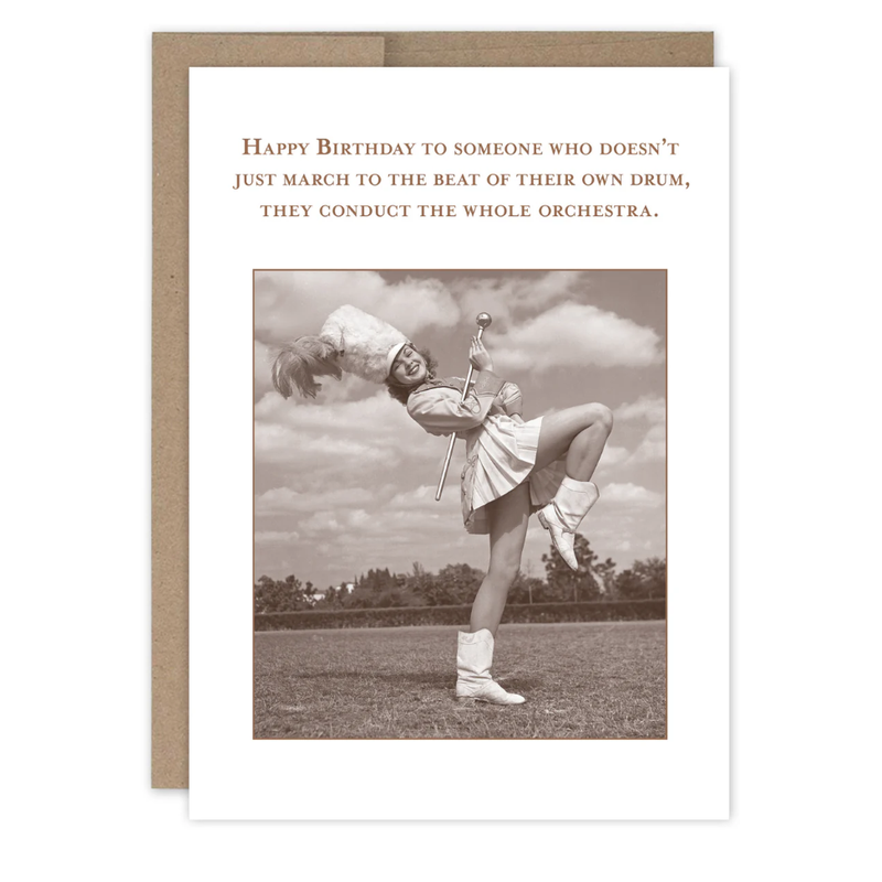 Birthday card with a vintage-style photo of a cheerleader and humorous quote.