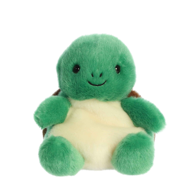 Green plush turtle toy on a white background