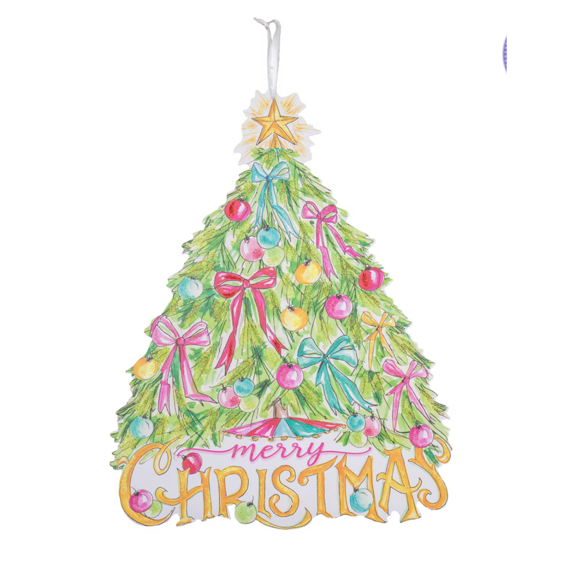 Decorative Christmas tree ornament with colorful decorations and 'Merry Christmas' text on a white background.
