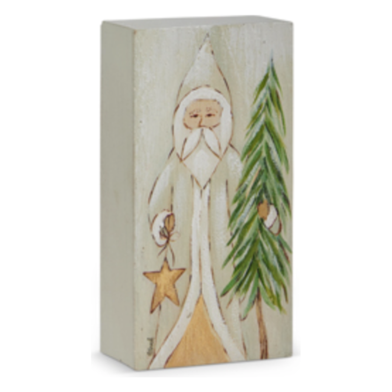 Decorative box with a painted design of a hooded figure and tree on a white background
