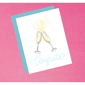 Greeting card with champagne glasses and 'Congrats' text on a pink background