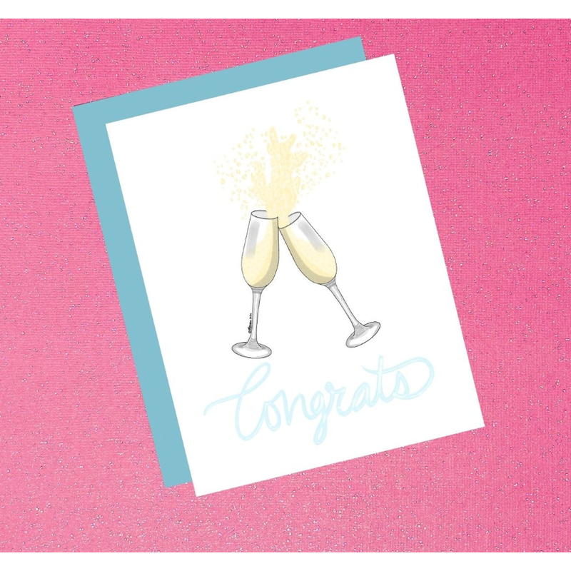 Greeting card with champagne glasses and 'Congrats' text on a pink background