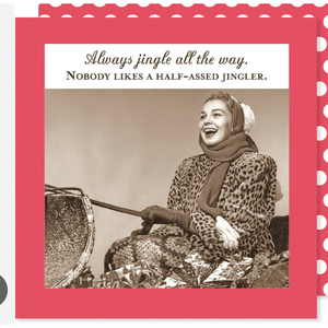 Vintage-style image of a woman with text overlay on a red border
