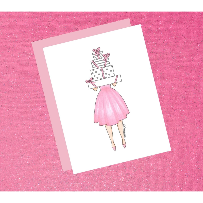 Illustration of a woman in a pink dress holding gifts on a pink background