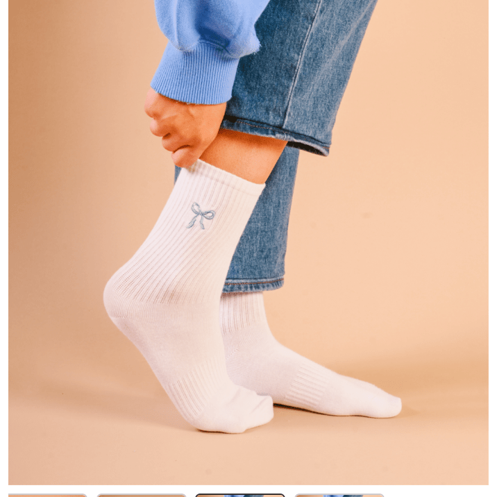Embroidered Crew Socks - Blue Bow - White Farmhouse Flowers