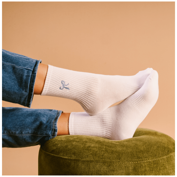 Embroidered Crew Socks - Blue Bow - White Farmhouse Flowers