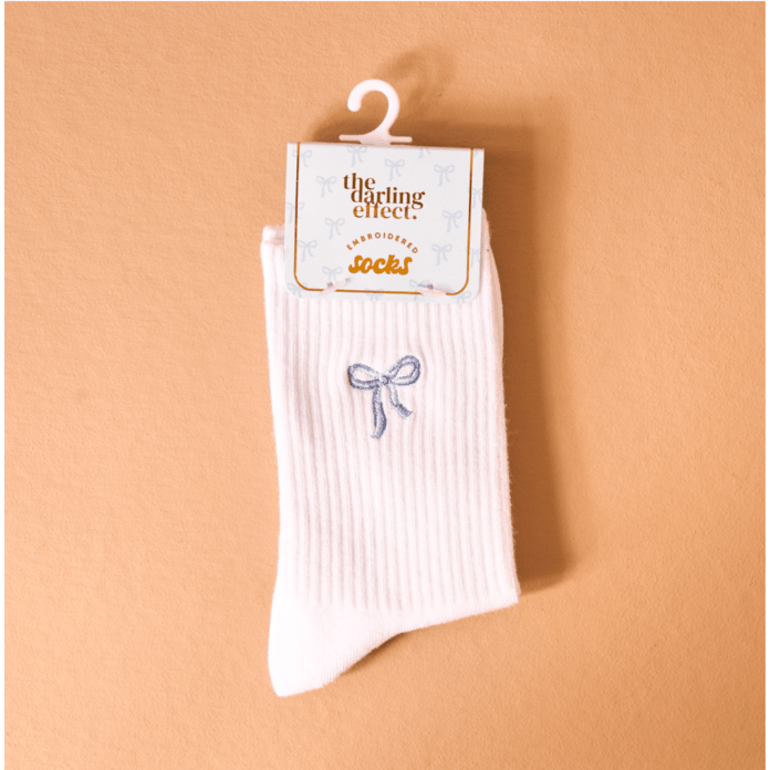 Embroidered Crew Socks - Blue Bow - White Farmhouse Flowers