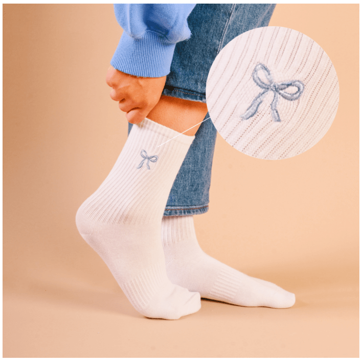 Embroidered Crew Socks - Blue Bow - White Farmhouse Flowers