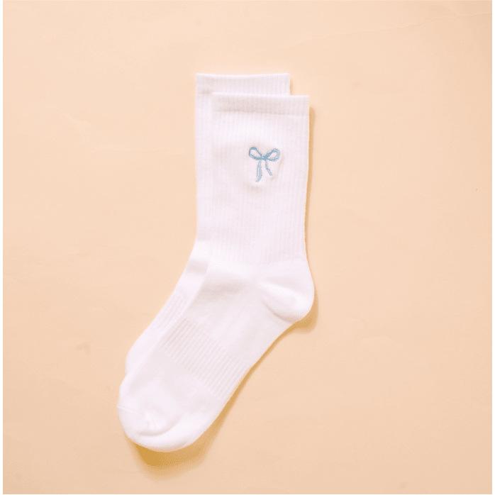 Embroidered Crew Socks - Blue Bow - White Farmhouse Flowers