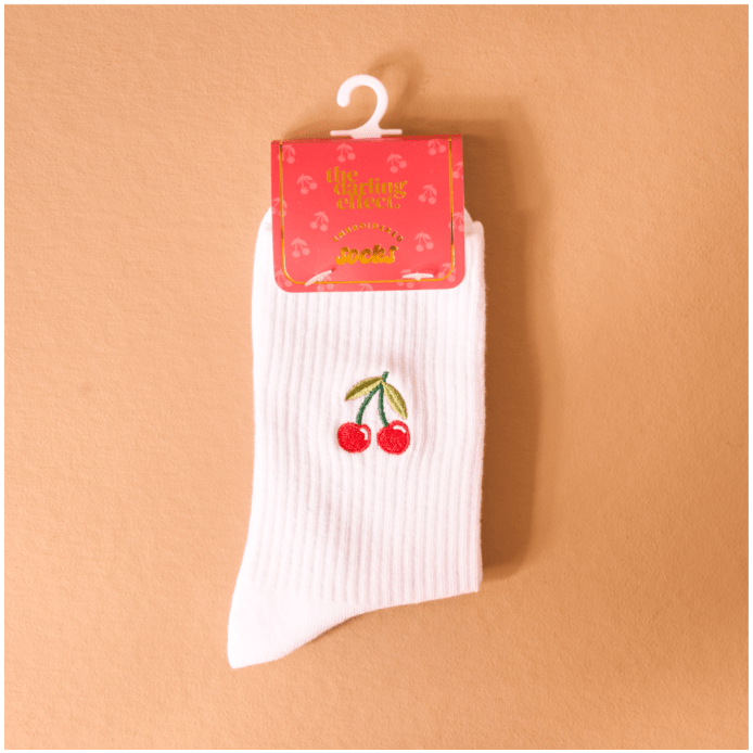 Embroidered Crew Socks - Cherries - White Farmhouse Flowers