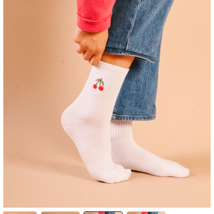 Embroidered Crew Socks - Cherries - White Farmhouse Flowers
