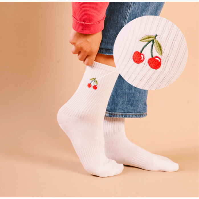 Embroidered Crew Socks - Cherries - White Farmhouse Flowers