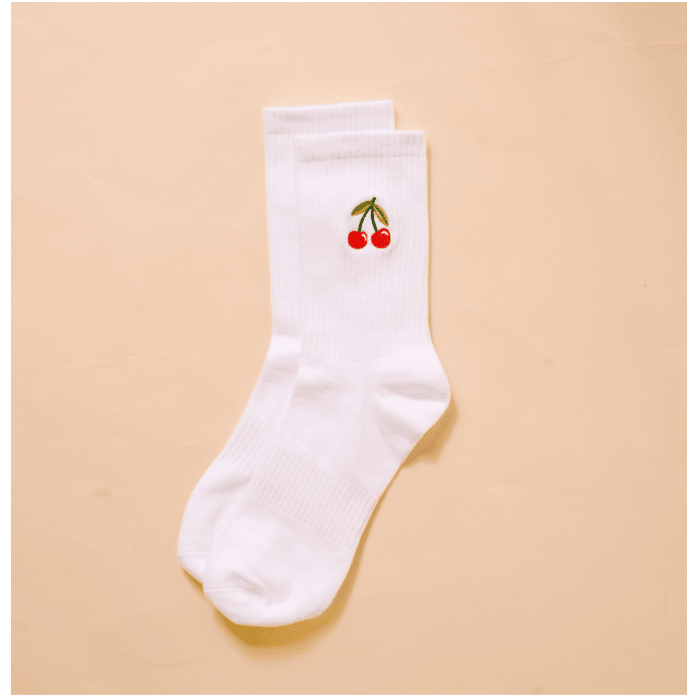 Embroidered Crew Socks - Cherries - White Farmhouse Flowers