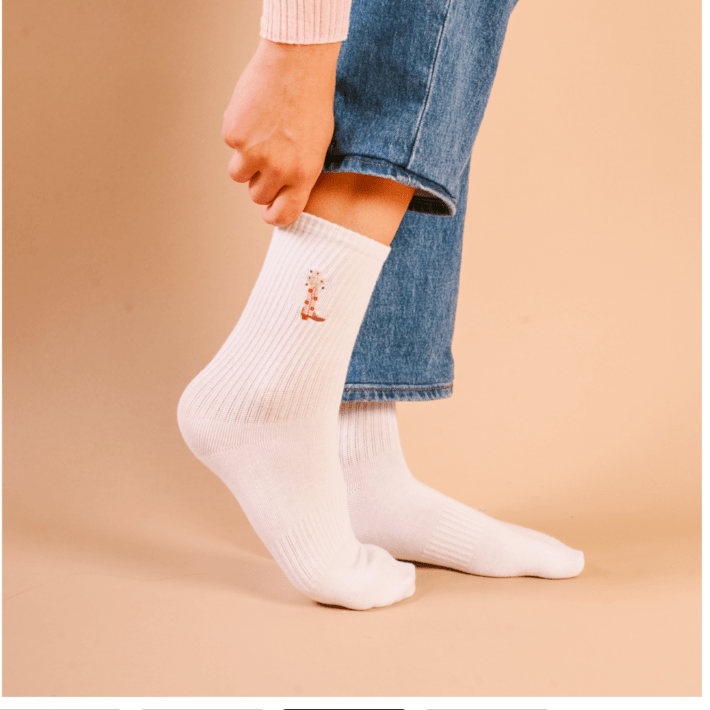 Embroidered Crew Socks - Cowgirl Boot - White Farmhouse Flowers