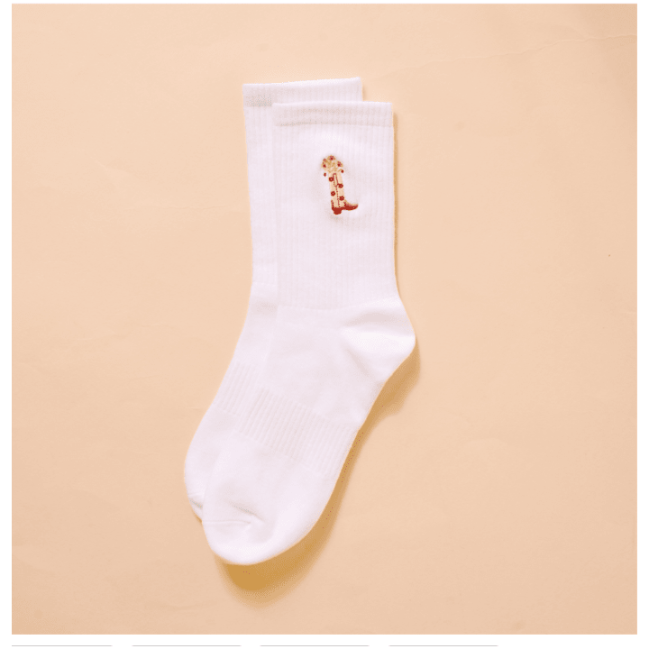 Embroidered Crew Socks - Cowgirl Boot - White Farmhouse Flowers