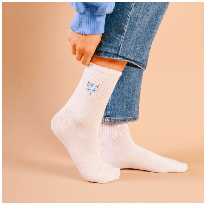 Embroidered Crew Socks - Floral Blue - White Farmhouse Flowers