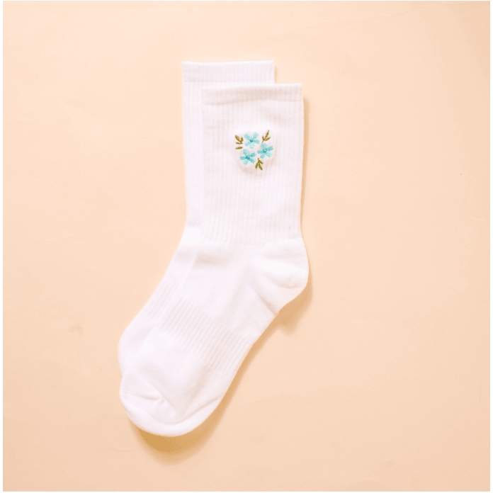 Embroidered Crew Socks - Floral Blue - White Farmhouse Flowers