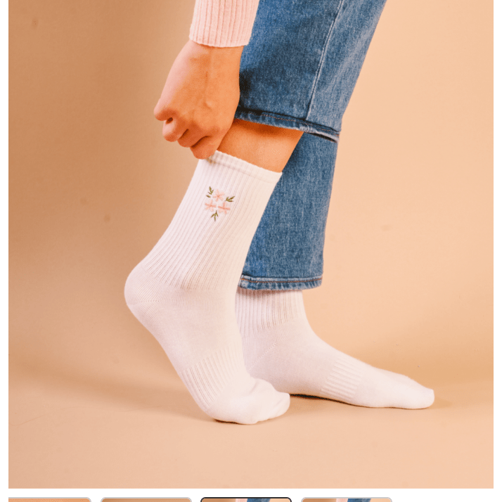 Embroidered Crew Socks - Floral Pink - White Farmhouse Flowers