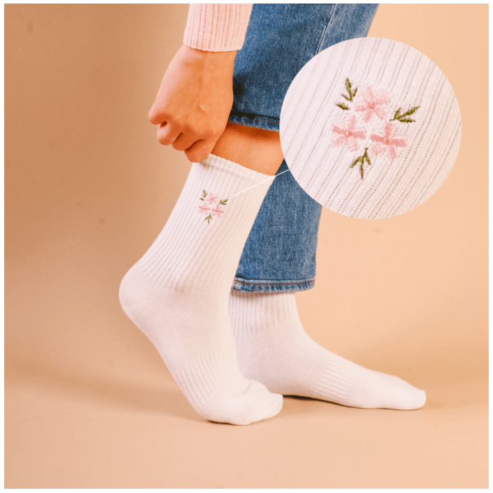 Embroidered Crew Socks - Floral Pink - White Farmhouse Flowers