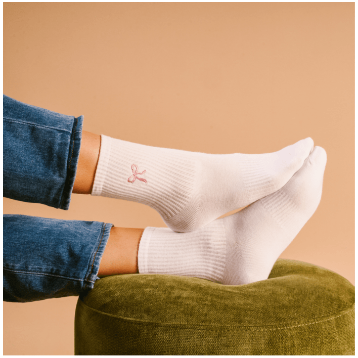 Embroidered Crew Socks - Pink Bow - White Farmhouse Flowers