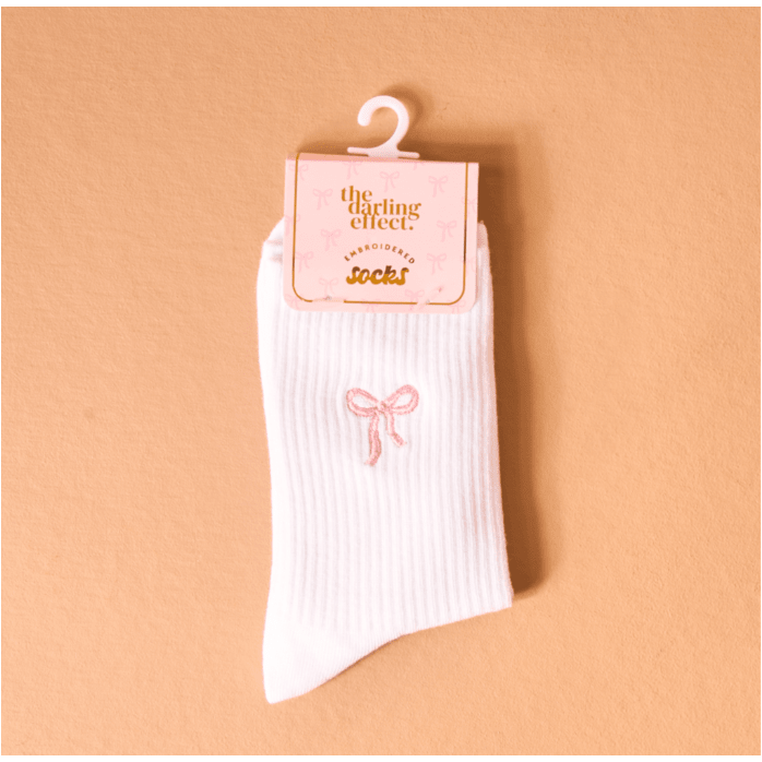 Embroidered Crew Socks - Pink Bow - White Farmhouse Flowers