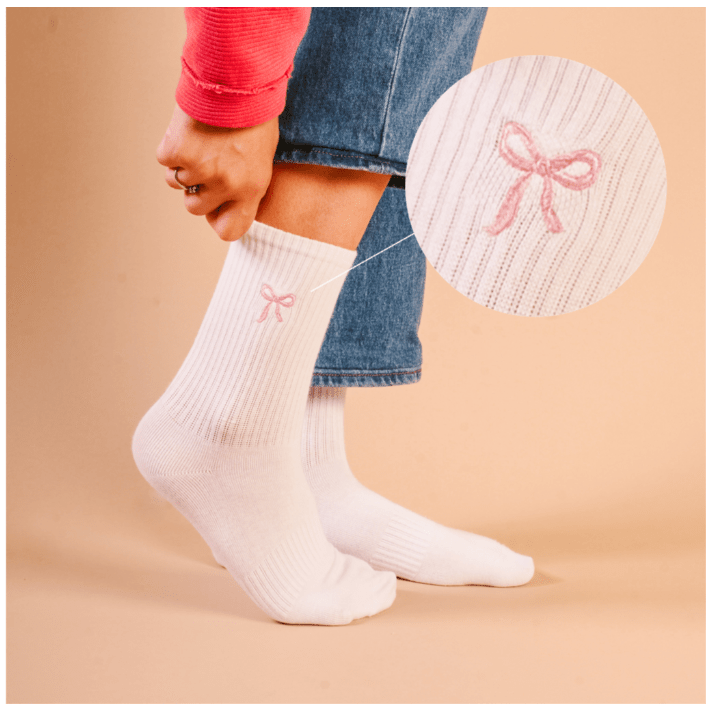 Embroidered Crew Socks - Pink Bow - White Farmhouse Flowers