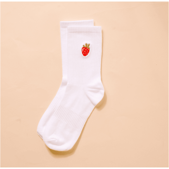 Embroidered Crew Socks - Strawberries - White Farmhouse Flowers